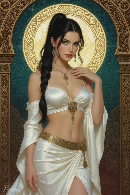 Regal dark haired woman in white satin fantasy attire stands before an ornate gilded arch backdrop