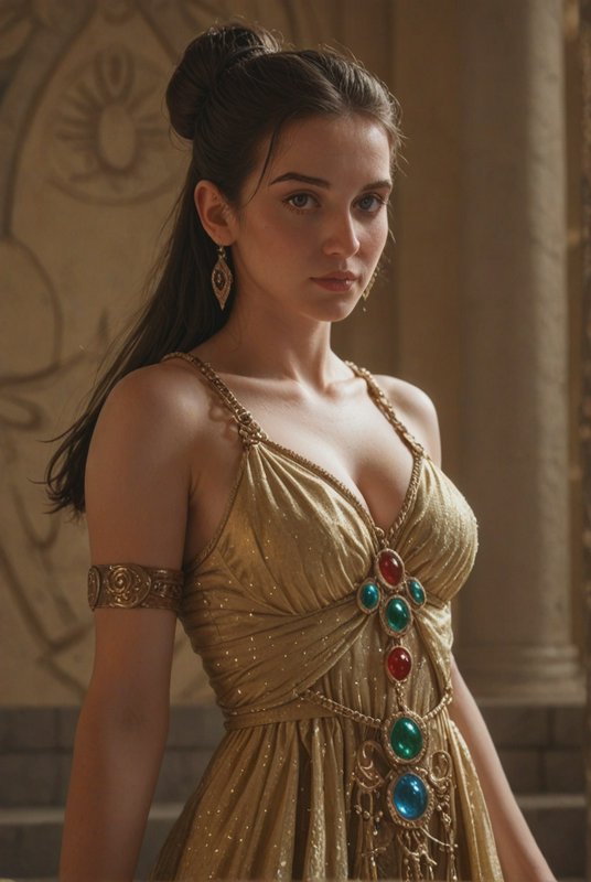 Regal young woman in an ornate gemmed golden gown stands inside a classical stone temple