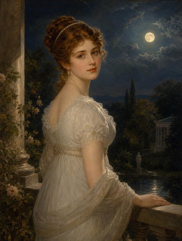 Young Regency era woman in a lace gown stands on a terrace overlooking a moonlit formal garden