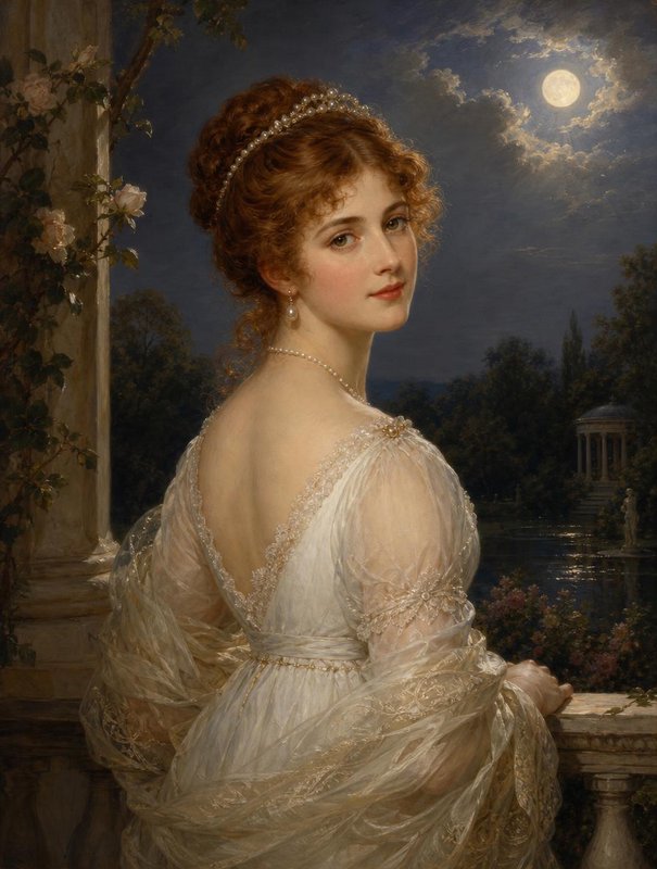 Elegant Regency woman in a lace gown looks over her shoulder from a moonlit garden balcony