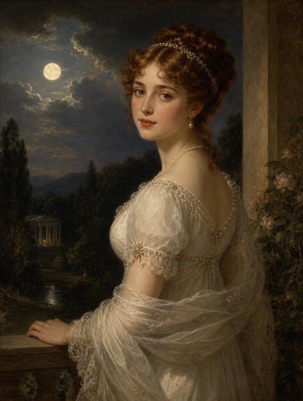Elegant Regency woman in a lace gown stands on a moonlit terrace overlooking a night estate
