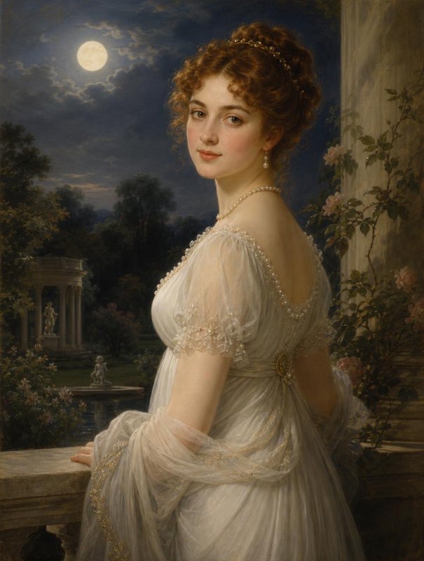Elegant Regency woman in a beaded white gown stands on a moonlit formal garden terrace