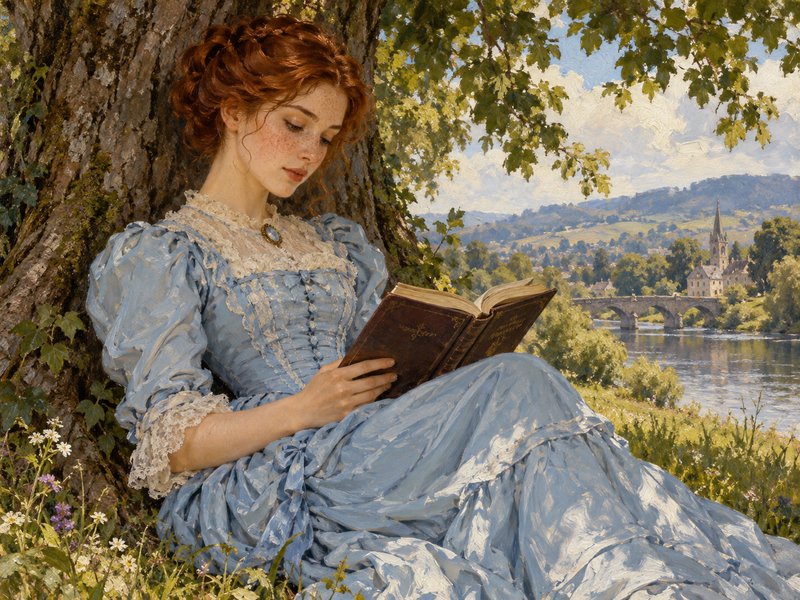 Young red-haired woman in a lace-trimmed blue period gown reads while leaning against a tree over...
