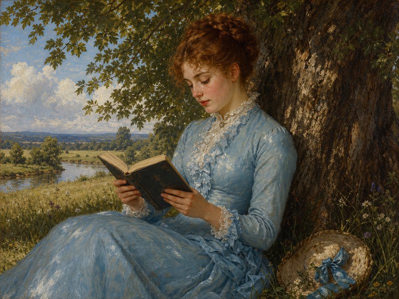 Young woman in a blue lace gown reads a book leaning against a tree by a sunlit riverside meadow