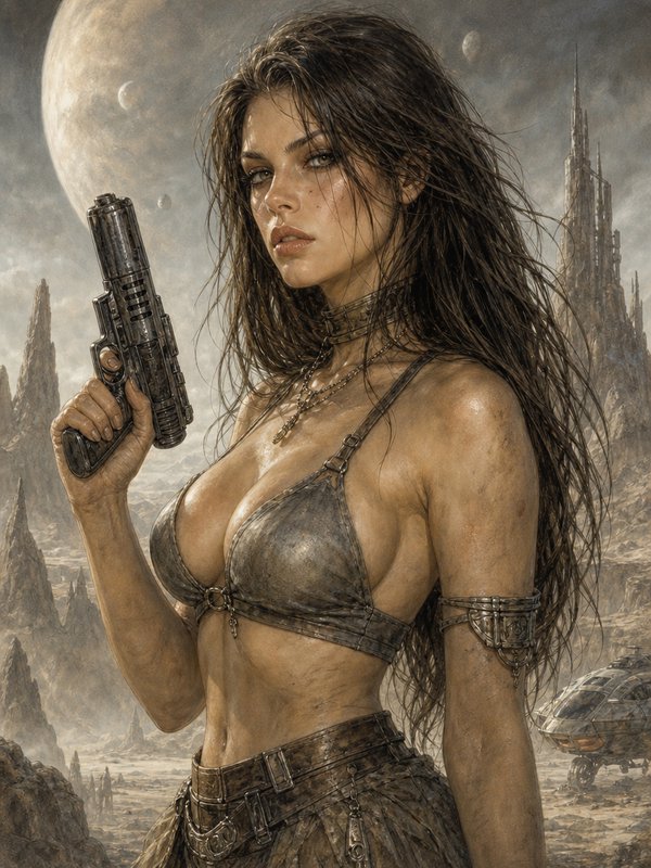 Fierce rugged warrior woman holding a futuristic blaster on a desolate alien desert world