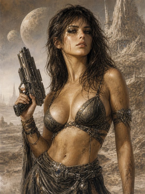 Battle-worn sci-fi warrior woman holding a retro-futuristic blaster stands on an alien desert wor...