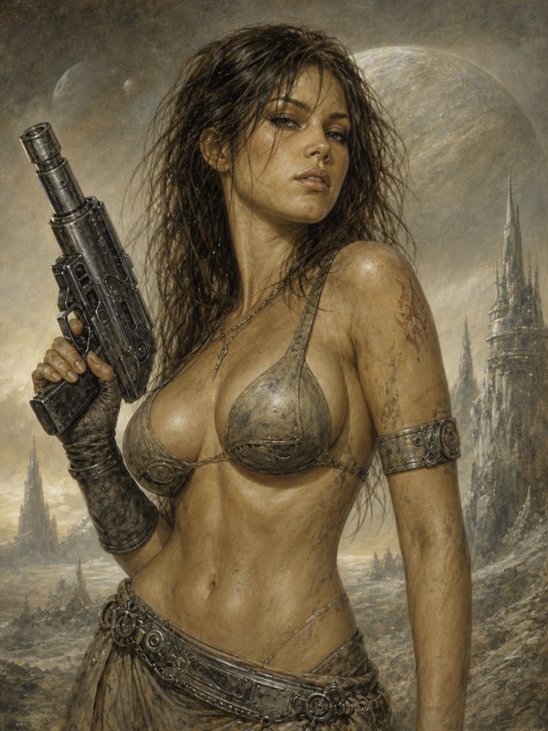 Rugged female sci-fi warrior holds a futuristic blaster against an alien planet landscape