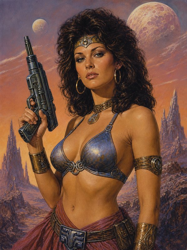 Retro sci-fi warrior woman holding a blaster stands on an alien desert world with two overhead moons