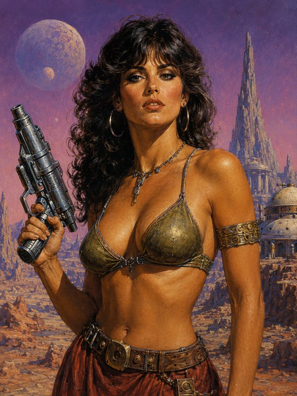 Retro sci-fi warrior woman holding a blaster stands on an alien desert world under a purple moonl...