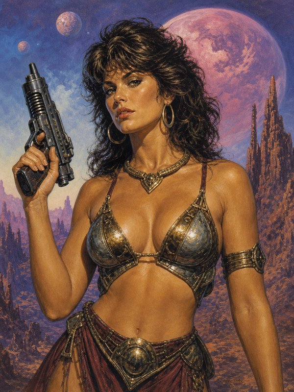 Retro sci-fi warrior woman holding a blaster stands on a rugged alien desert planet
