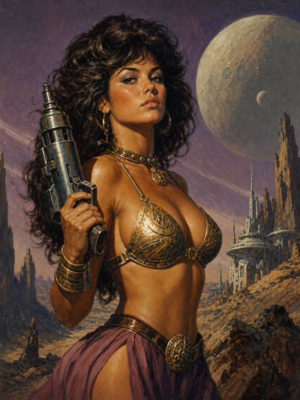 Retro sci-fi warrior woman holding a blaster stands on an alien desert world under a large crater...