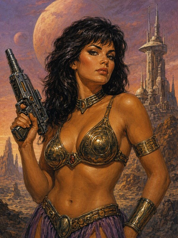 Retro pulp sci-fi warrior woman holding a blaster stands before an alien spired city and large or...