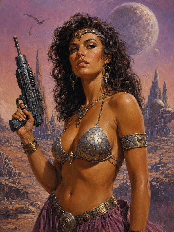 Retro sci-fi warrior woman holds a laser blaster standing on an alien desert world under a large ...
