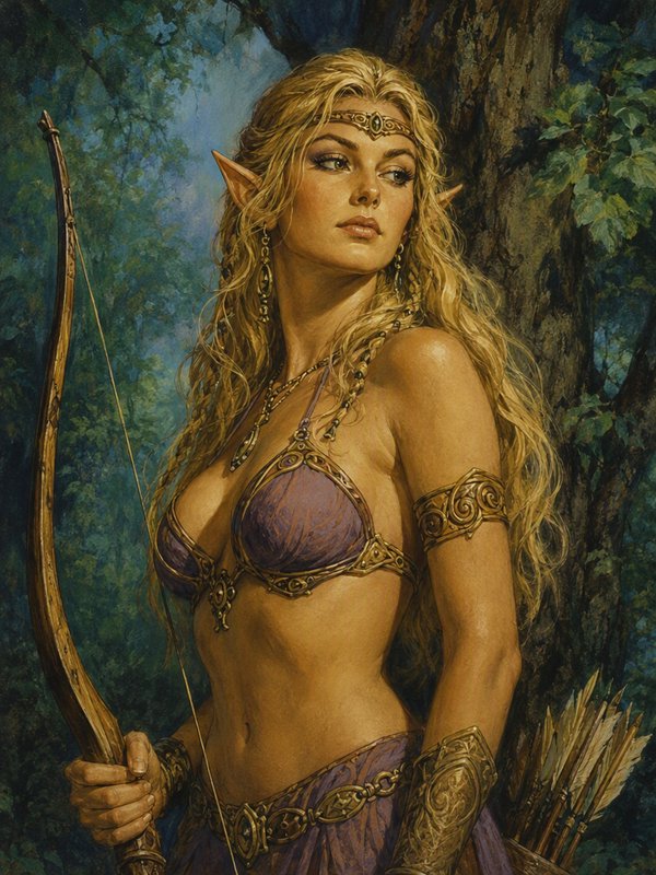 Blonde elven archer holding a wooden bow stands beneath trees in a misty green forest