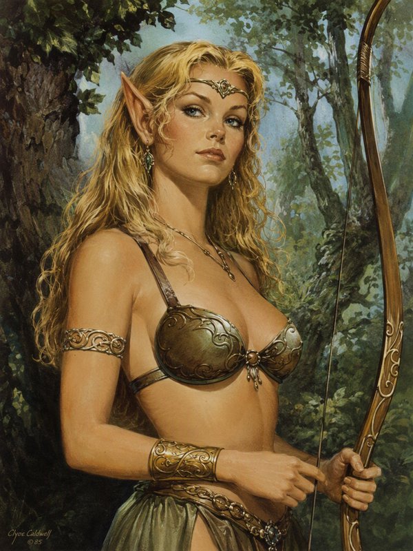 Blonde elven archer in ornate gold armor holds a carved wooden bow in a lush sunlit forest