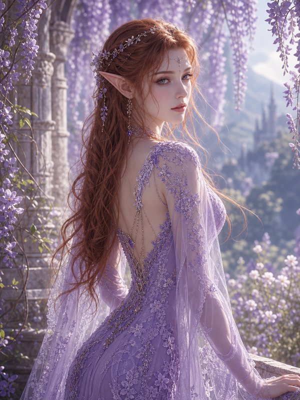 Ethereal elven woman with long red hair stands on a wisteria-draped castle balcony in a lavender ...