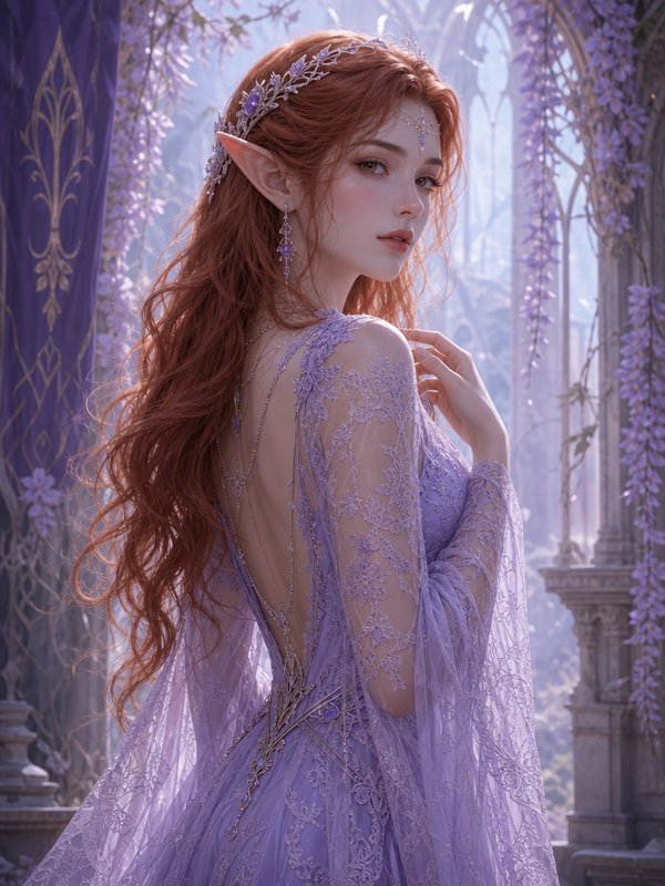 Red-haired elven princess in a lilac lace gown looks over her shoulder from a wisteria-draped sto...