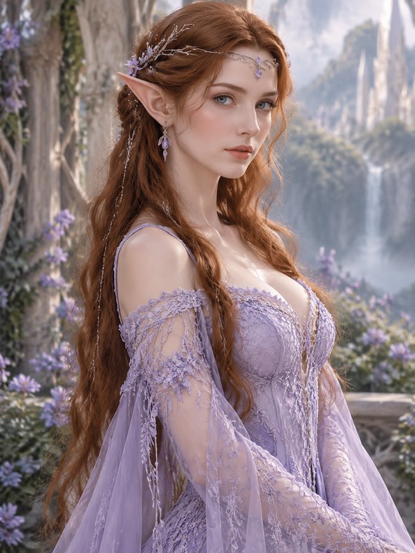 Elegant red-haired elven woman in a lavender lace gown stands in a magical fantasy valley setting