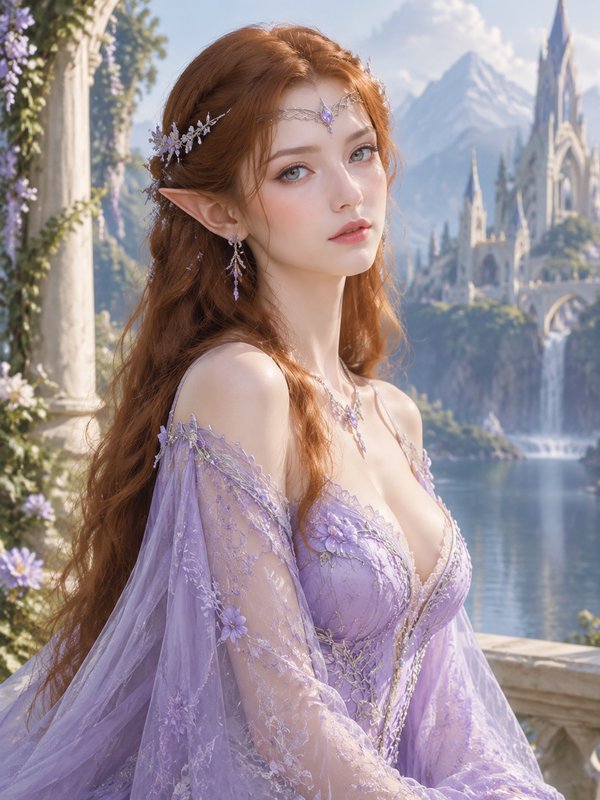 Red haired elven princess in a lavender gown stands on a balcony overlooking a fantasy mountain c...