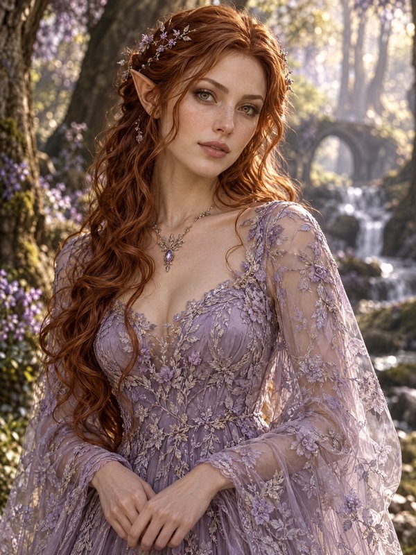 Red-haired elven woman in an ornate lavender gown stands in a sunlit enchanted forest glen