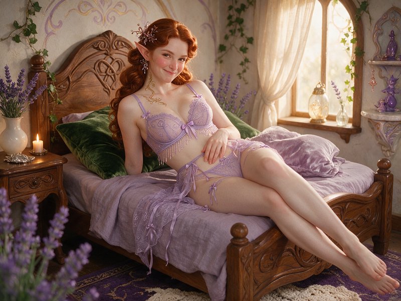 Smiling red-haired elf in lavender lace lingerie reclines on a carved wooden cottage bed