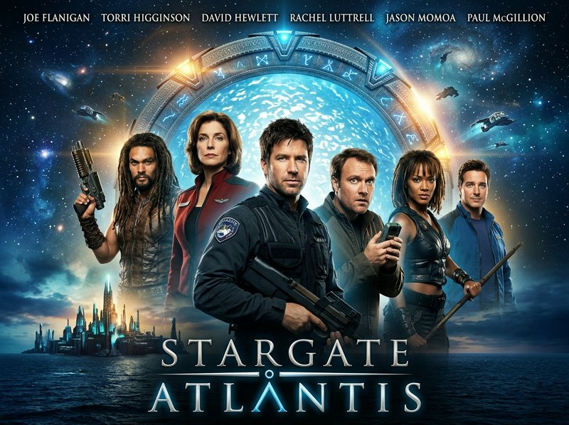 Stargate Atlantis official series poster showing lead cast posed in front of a glowing active sta...