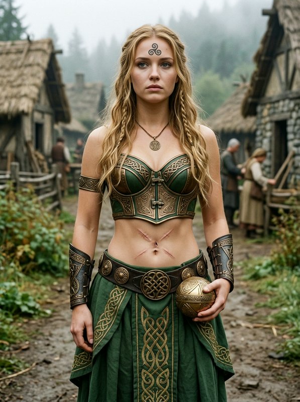 Blonde Celtic warrior woman holding an ornate golden orb stands in a misty medieval village
