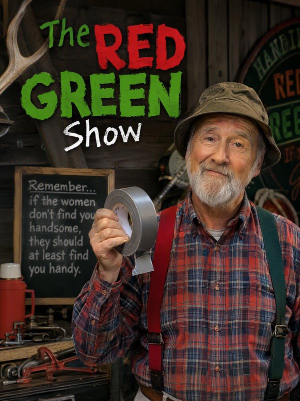 The Red Green Show promotional poster of a bearded handyman holding a roll of silver duct tape