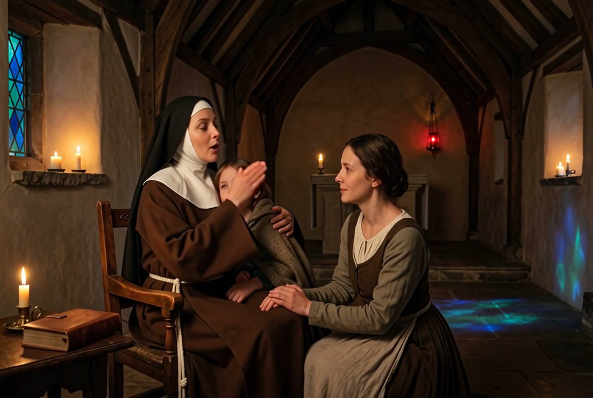 Nun blessing a child as a kneeling woman comforts them in a candlelit medieval chapel.