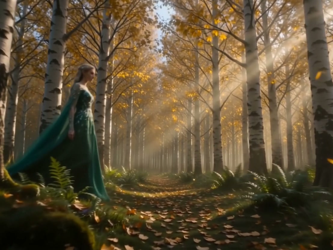 Disney's Elsa walks through a sun-dappled autumn birch forest, her flowing emerald green gown tra...