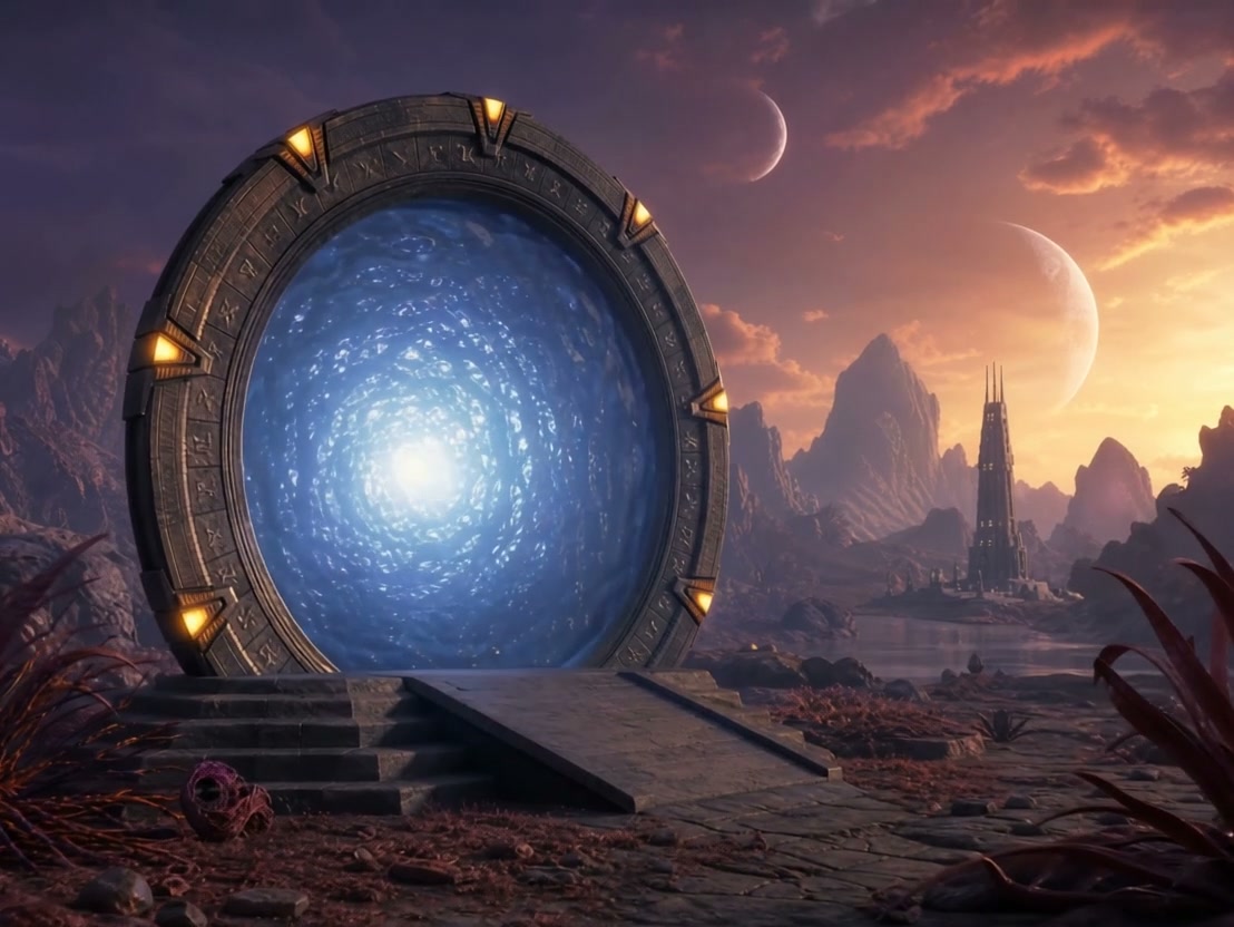 "Glowing interstellar Stargate-style portal on a rocky alien planet at sunset, with twin moons an...