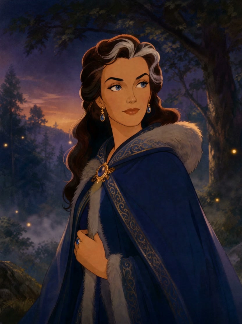 Regal noble woman in a fur-trimmed blue cloak stands in an enchanted twilight forest