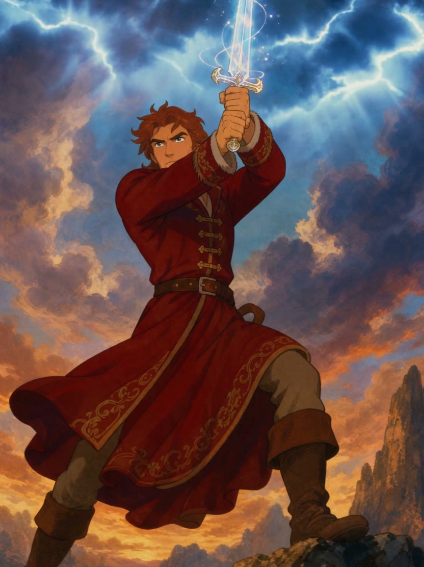 Red-haired fantasy warrior raises a glowing enchanted sword atop a cliff under a stormy sunset sky
