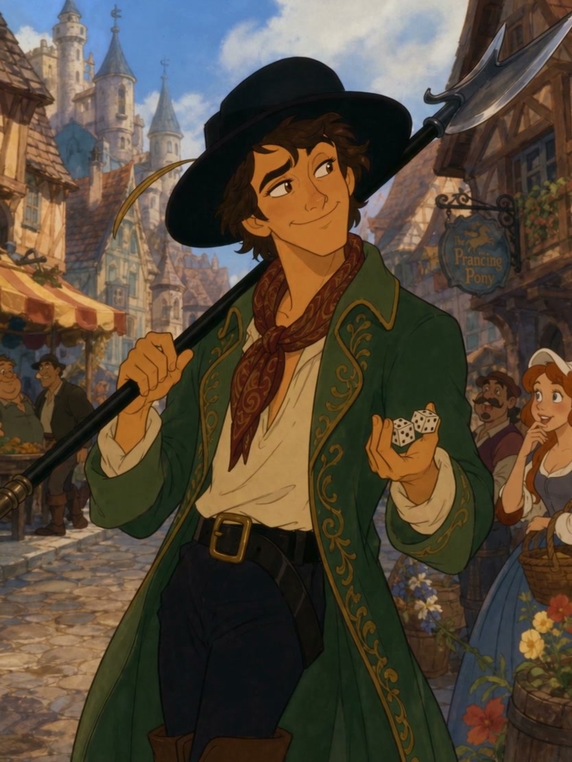 Charming roguish character holds dice and a halberd in a sunlit medieval fantasy market town