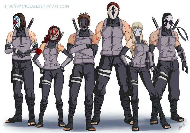 Lineup of six masked custom Anbu Black Ops ninja, Naruto style fan art illustration