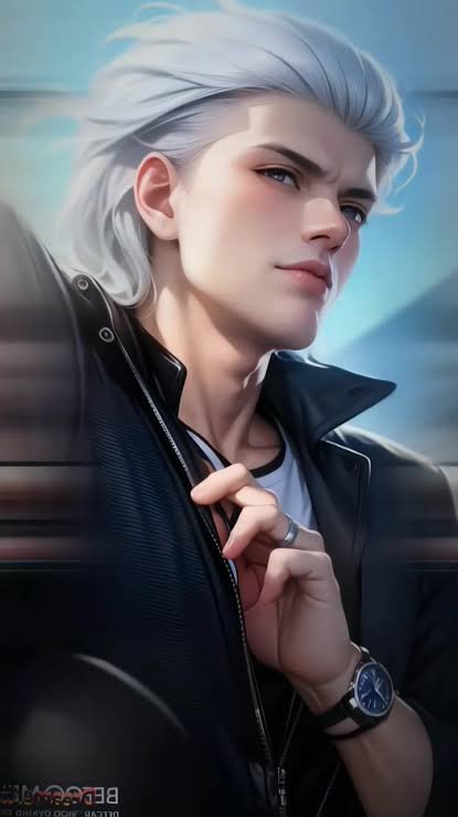 Closeup digital portrait of a handsome anime-style young man with tousled silver hair, wearing a ...
