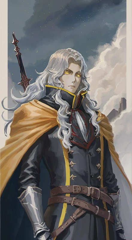 Anime fantasy male warrior with long silver hair, golden eyes, and golden cape, sheathed sword, a...