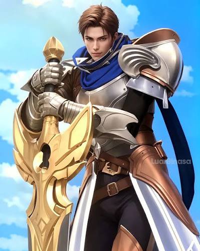 Polished digital art of a heroic fantasy knight in silver armor holding an ornate golden greatswo...
