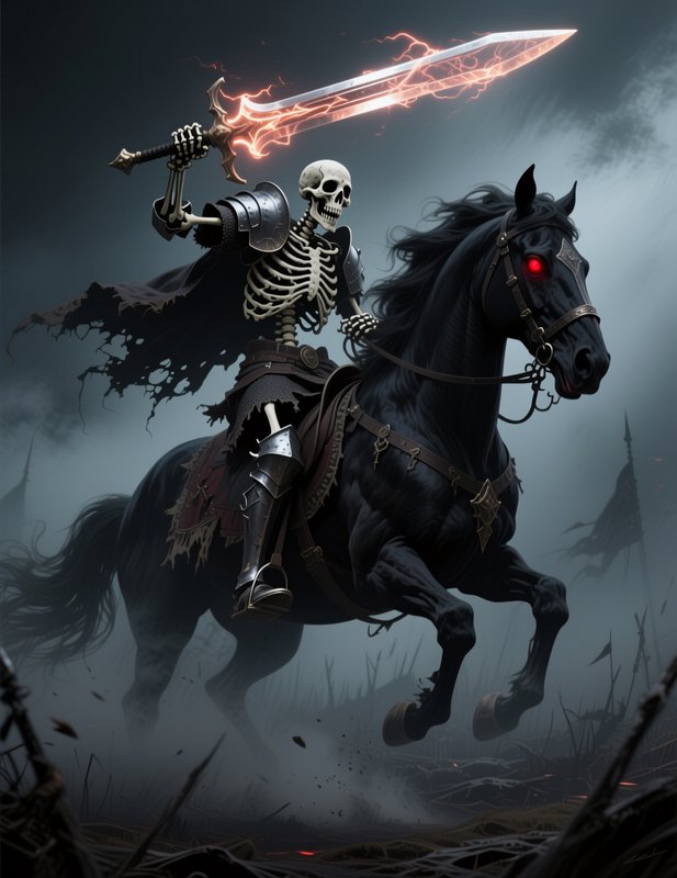Armored skeleton warrior rides a black war horse, holding a glowing lightning-infused sword above...