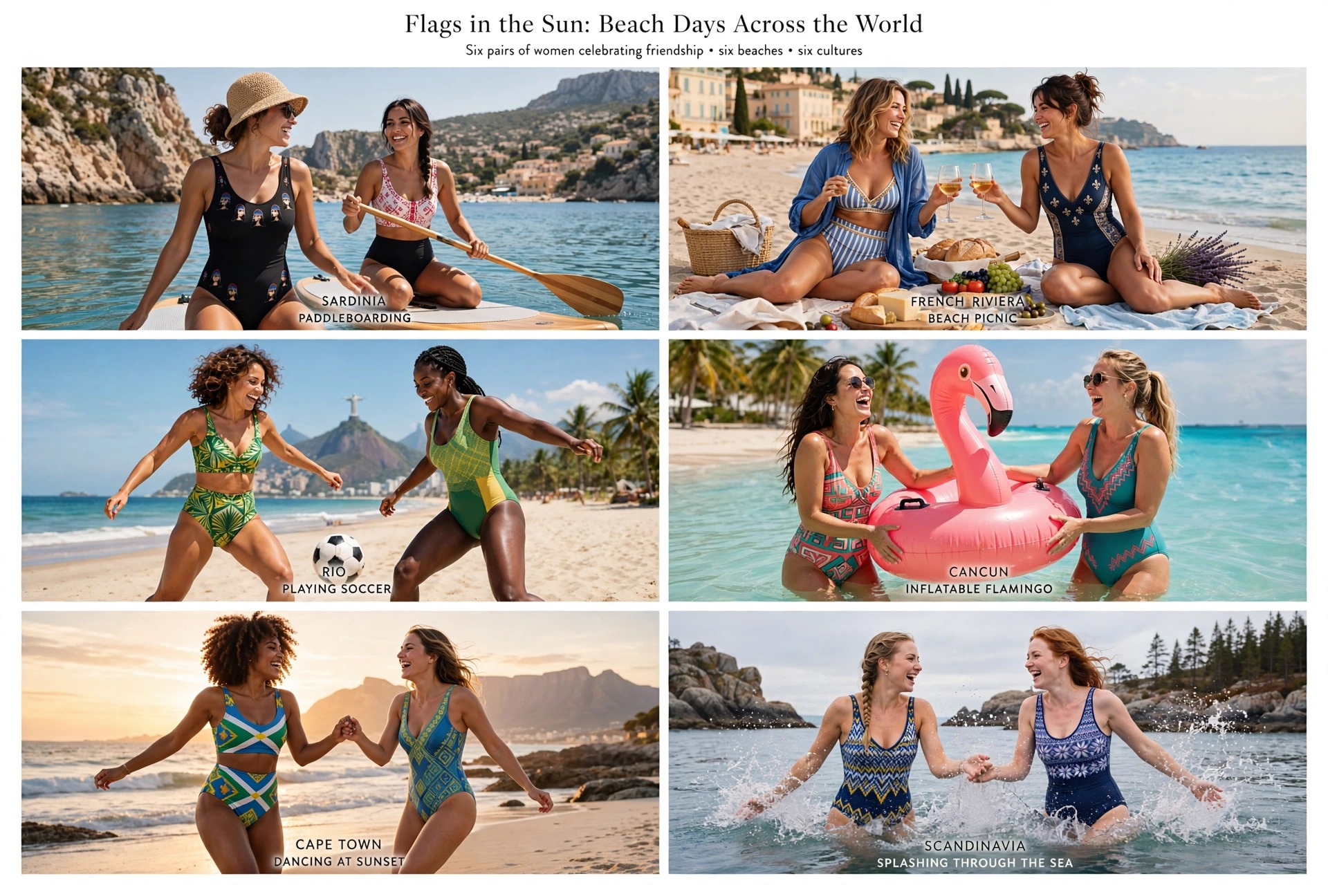 Collage of 6 panels showing pairs of women enjoying diverse beach activities at global coastal destinations around the world.
