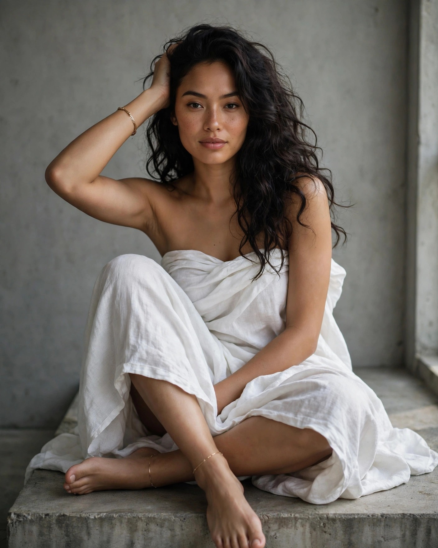 [Seated portrait of a woman with dark wavy hair wrapped in soft white linen, resting one hand in her hair against a concre...