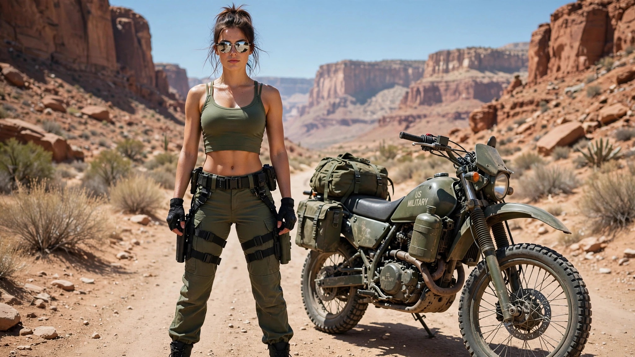 Fit female tactical soldier stands beside an olive US military dirt bike on a rocky desert canyon dirt road.