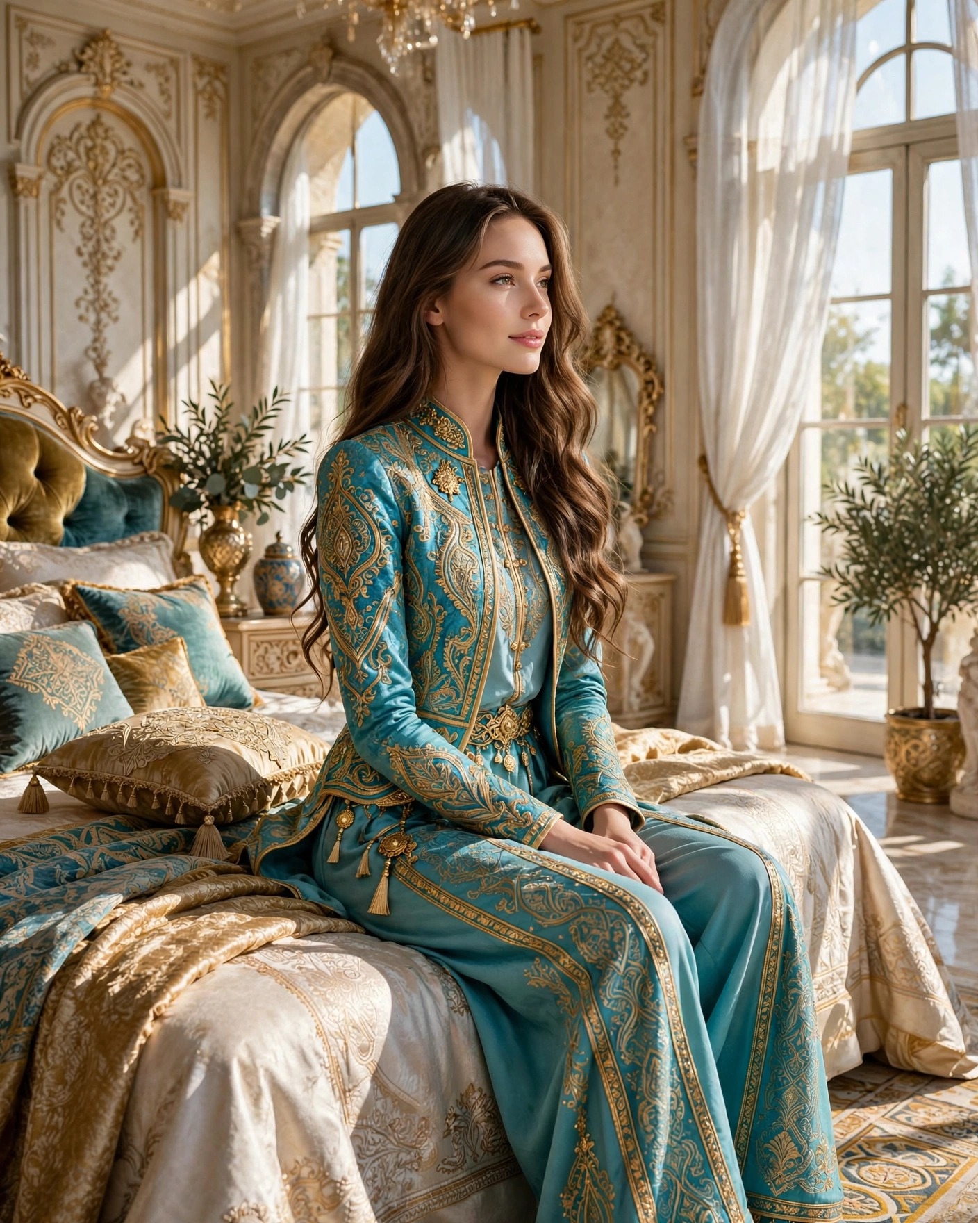 Elegant woman in teal gold embroidered royal loungewear sits on an ornate bed in a sunlit luxury baroque bedroom.
