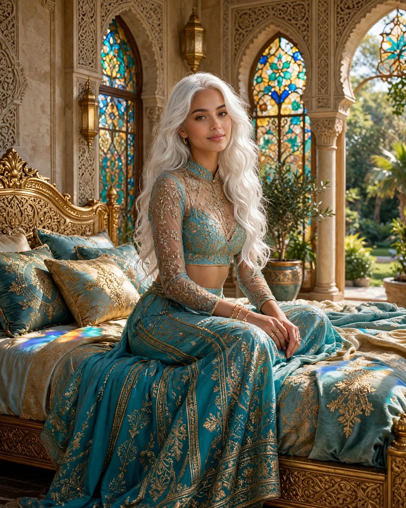[Woman with long wavy platinum hair in an ornate teal gold embroidered gown sits on a carved gilded bed in a Moorish-style...