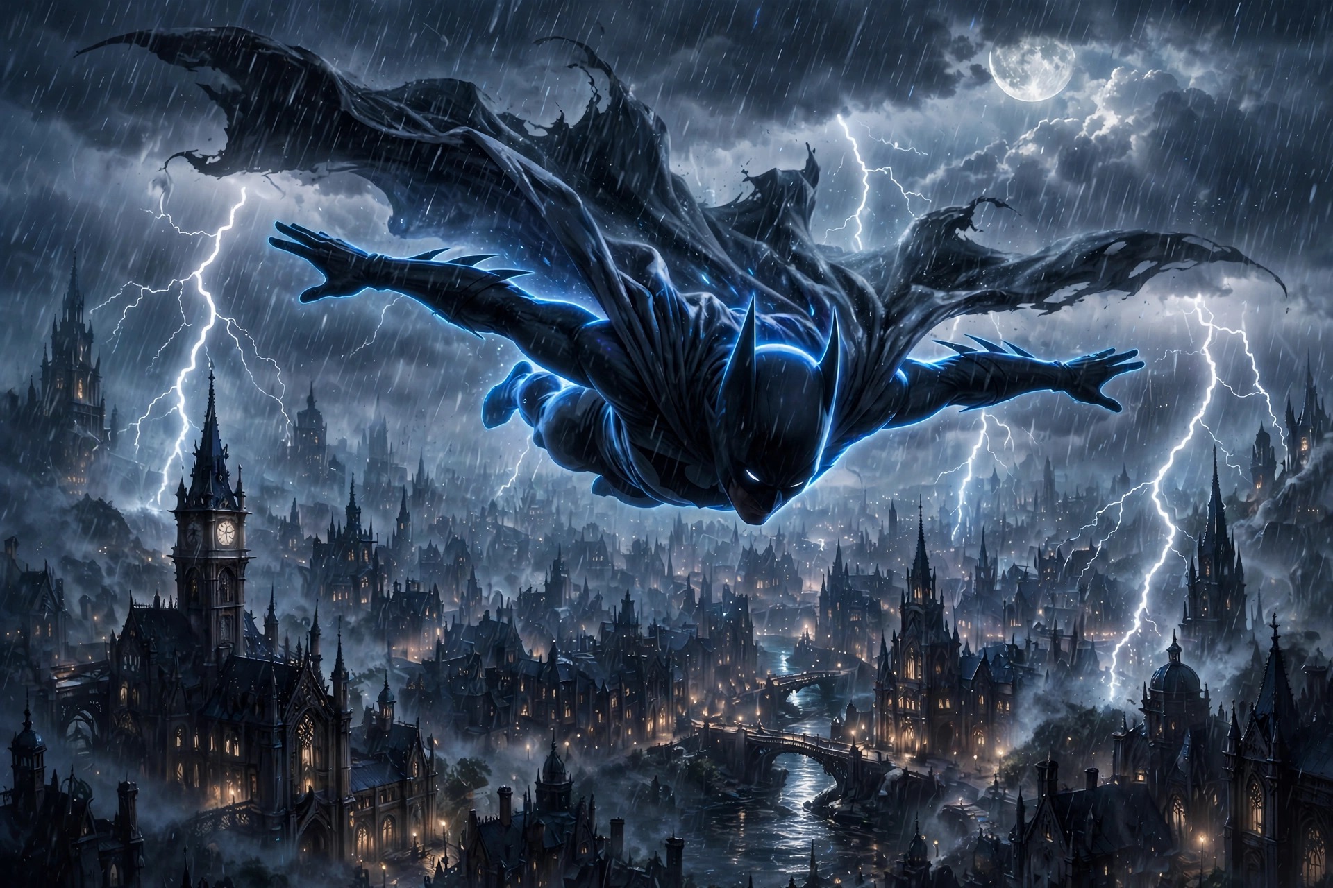 Batman glides through a stormy rainy sky above gothic Gotham City as lightning strikes beneath a full moon.