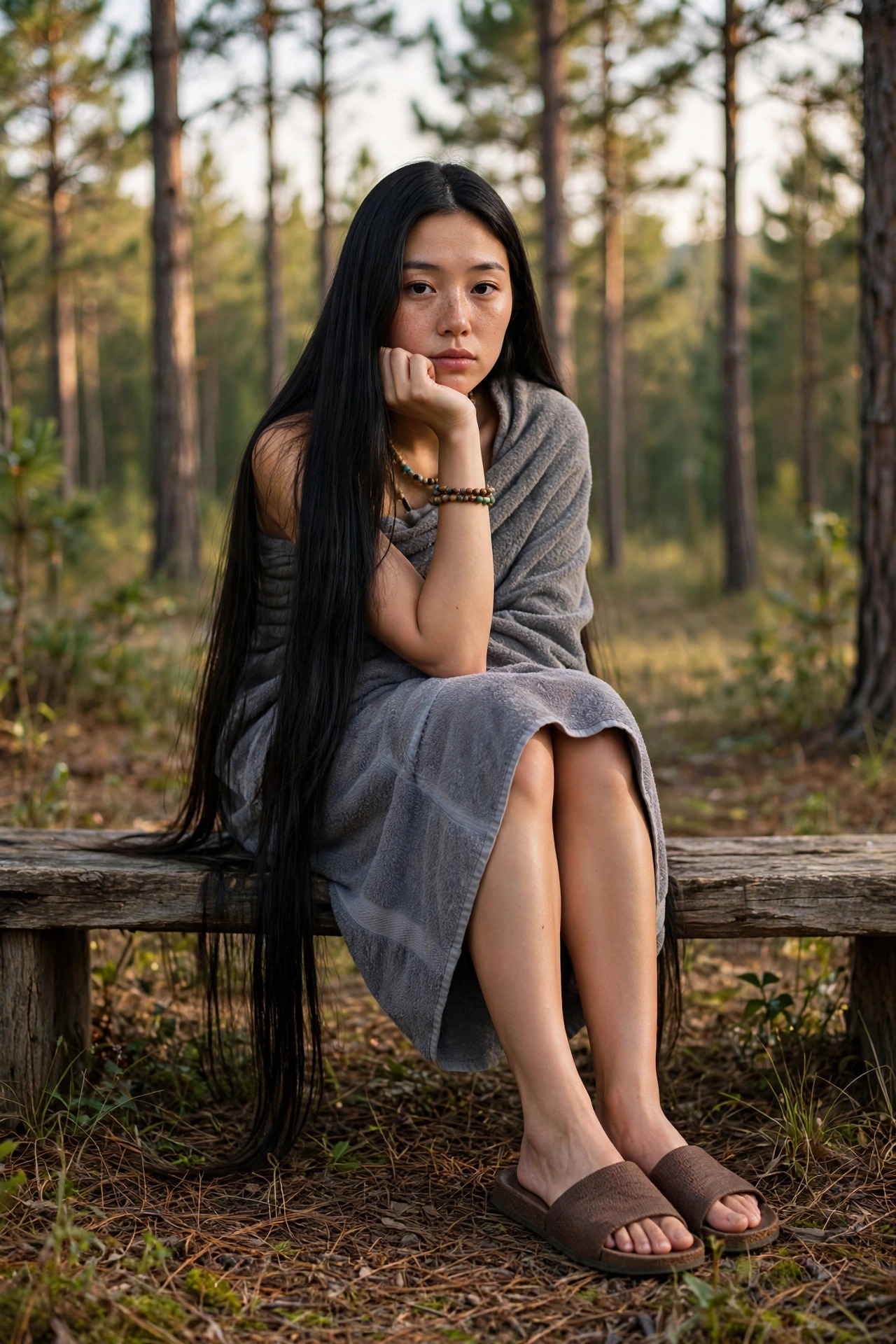 Young East Asian woman with long straight black hair sits thoughtfully on a rustic log bench in a sunlit pine forest