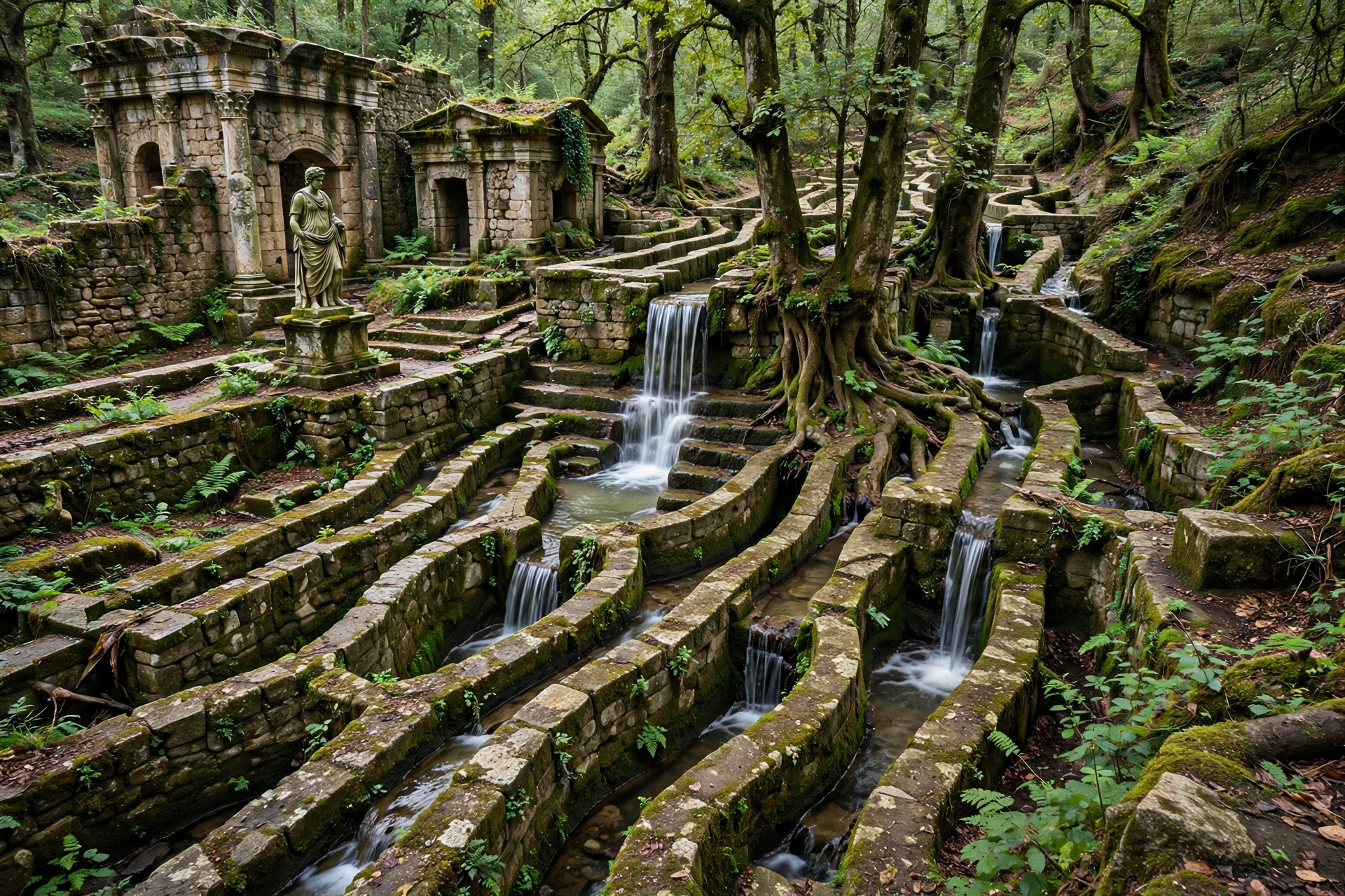 [Overgrown ancient stone fountain ruins with winding cascading water channels, classical statue, nestled in a mossy dense ...