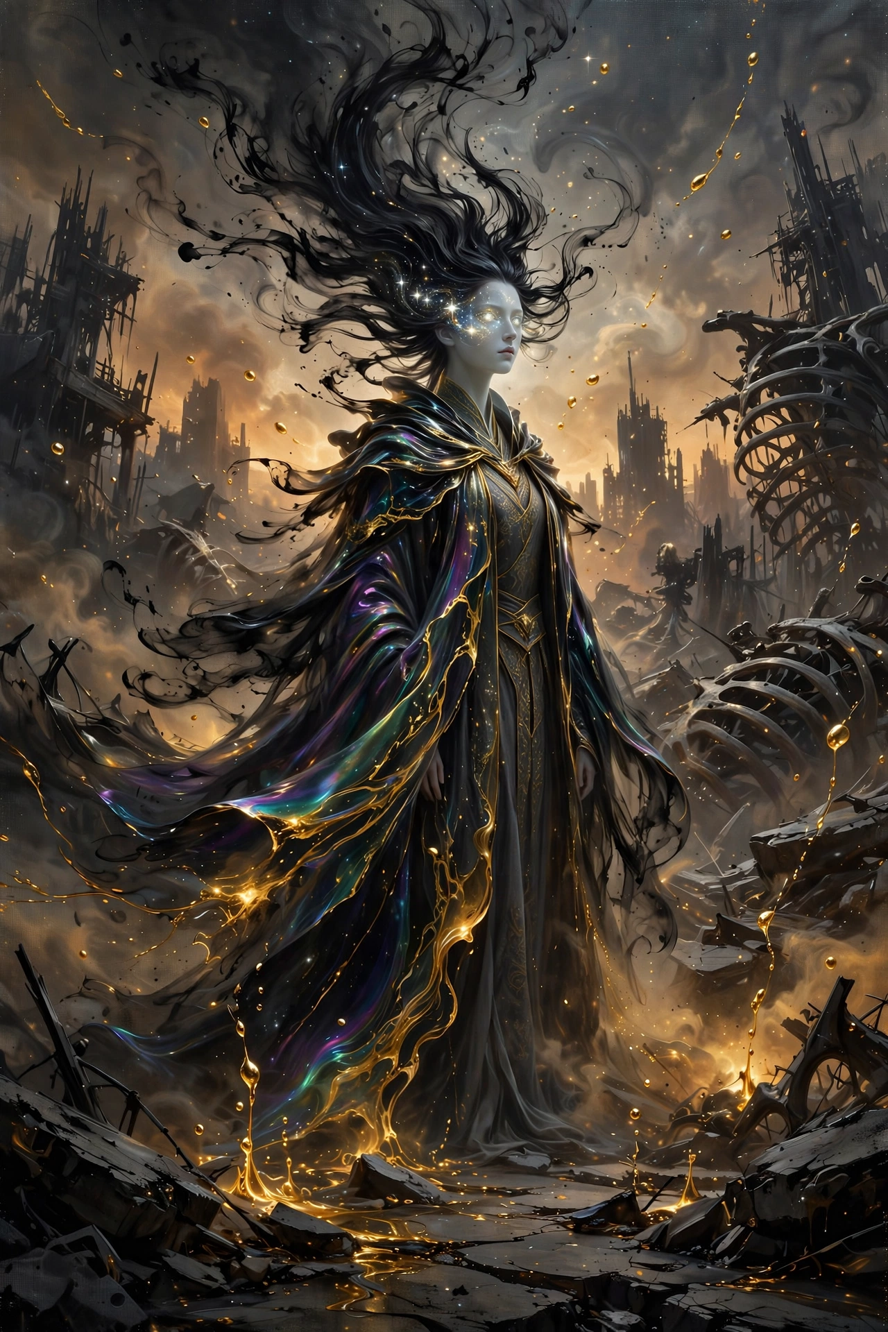 Ethereal dark sorceress with glowing eyes stands amid crumbling ruins, surrounded by swirling ink and golden magic