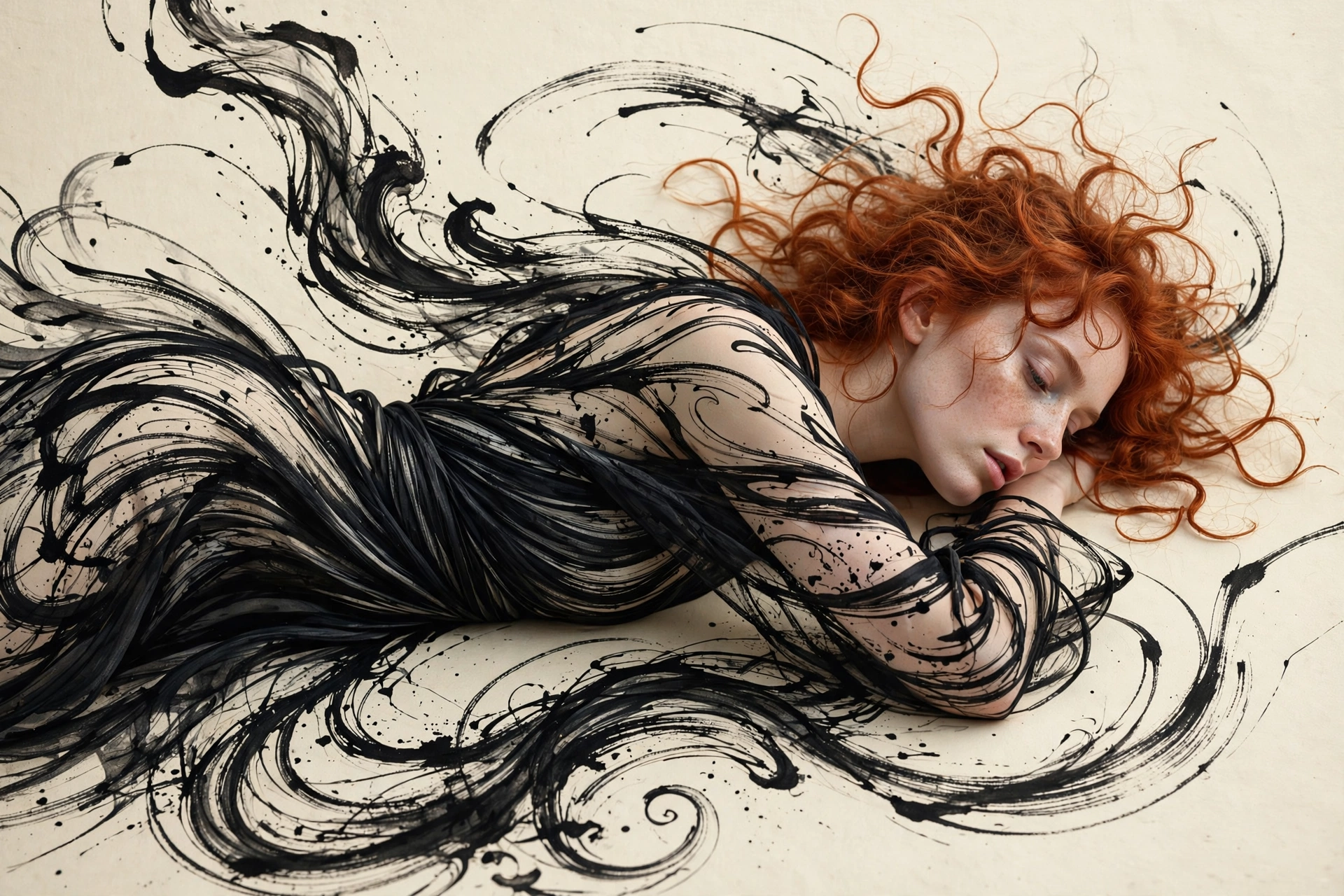 Curly red-haired woman rests as swirling black ink brushstrokes merge with her figure on a pale neutral background