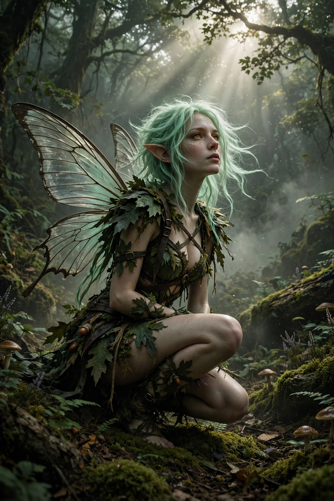 Ethereal fairy with translucent butterfly wings crouches in a misty sun-dappled ancient forest